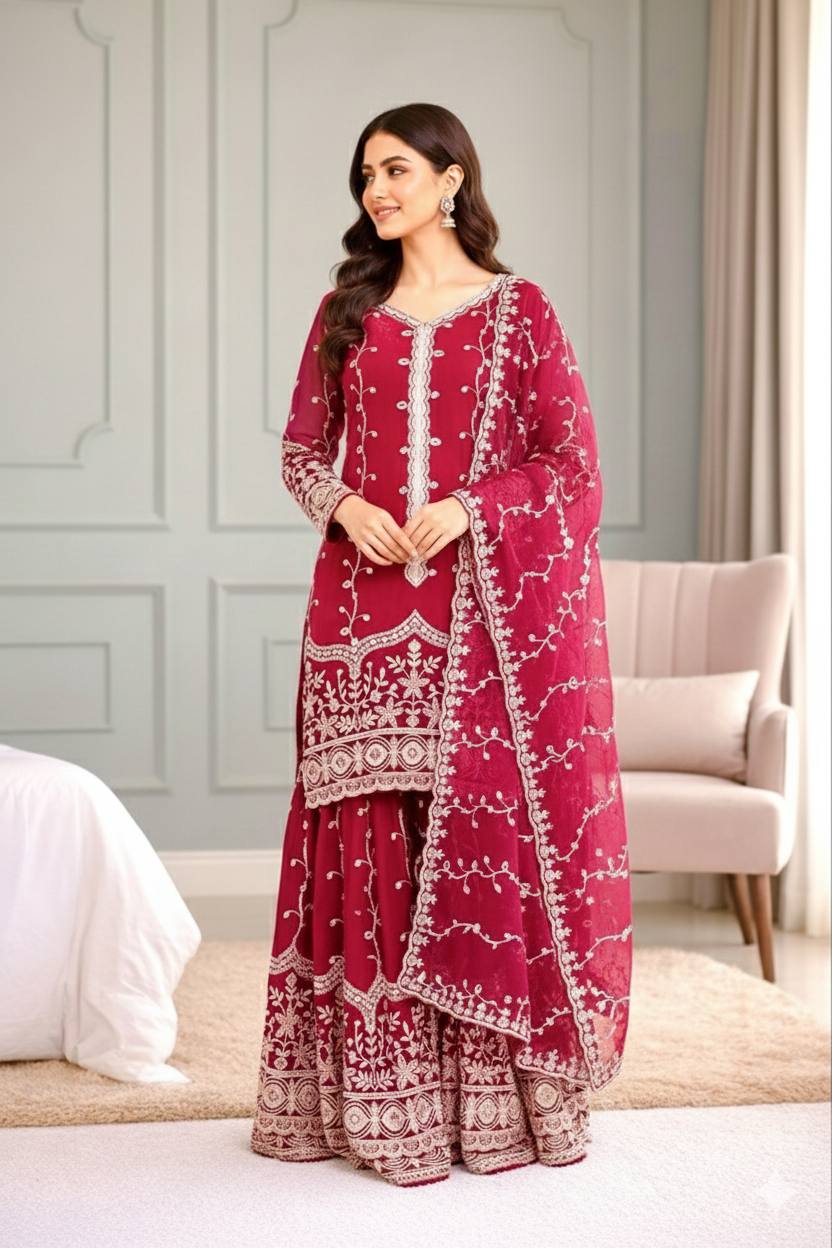 Elegant Fendy Silk Embroidered Fully Stitched Sharara Suit Set