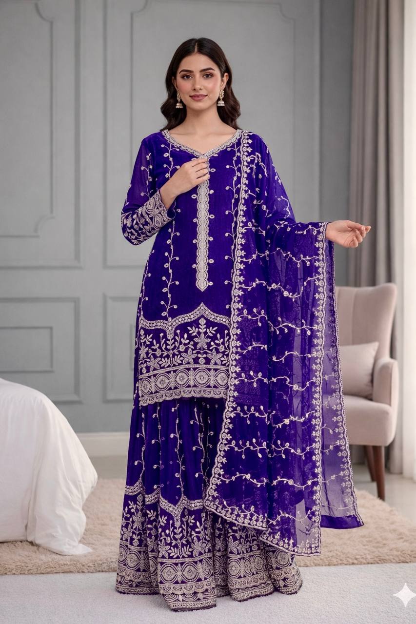 Elegant Fendy Silk Embroidered Fully Stitched Sharara Suit Set