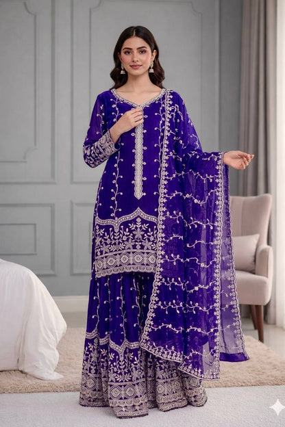 Elegant Fendy Silk Embroidered Fully Stitched Sharara Suit Set
