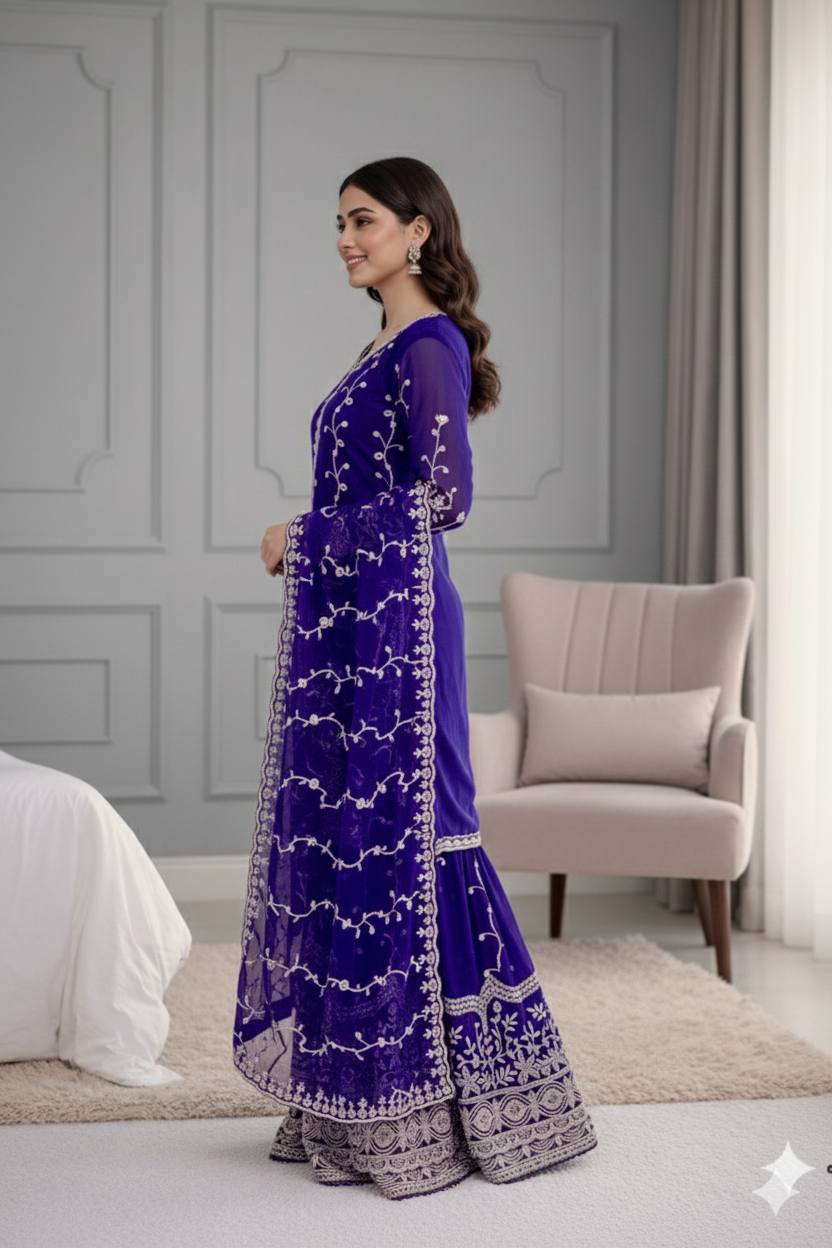 Elegant Fendy Silk Embroidered Fully Stitched Sharara Suit Set