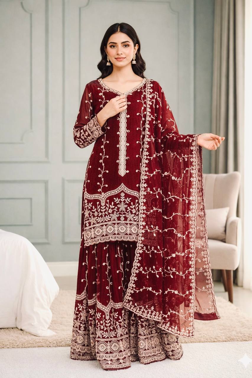 Elegant Fendy Silk Embroidered Fully Stitched Sharara Suit Set
