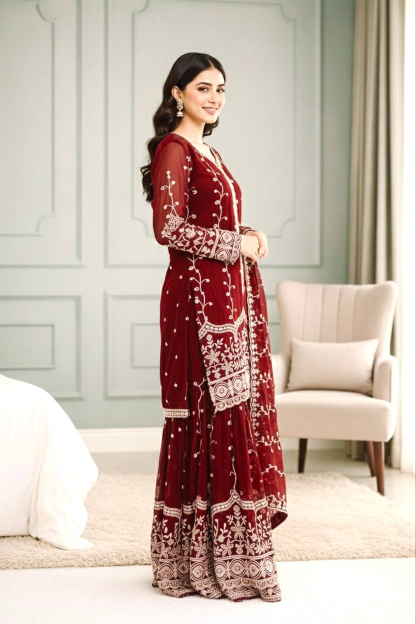 Elegant Fendy Silk Embroidered Fully Stitched Sharara Suit Set