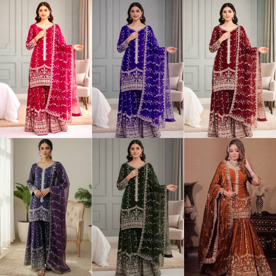 Elegant Fendy Silk Embroidered Fully Stitched Sharara Suit Set