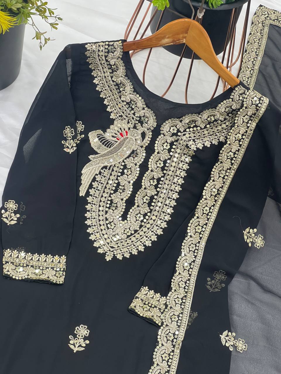 Function Wear Black Color Heavy Faux Georgette With Heavy Embroidery Sequence Work Palazzo Suit