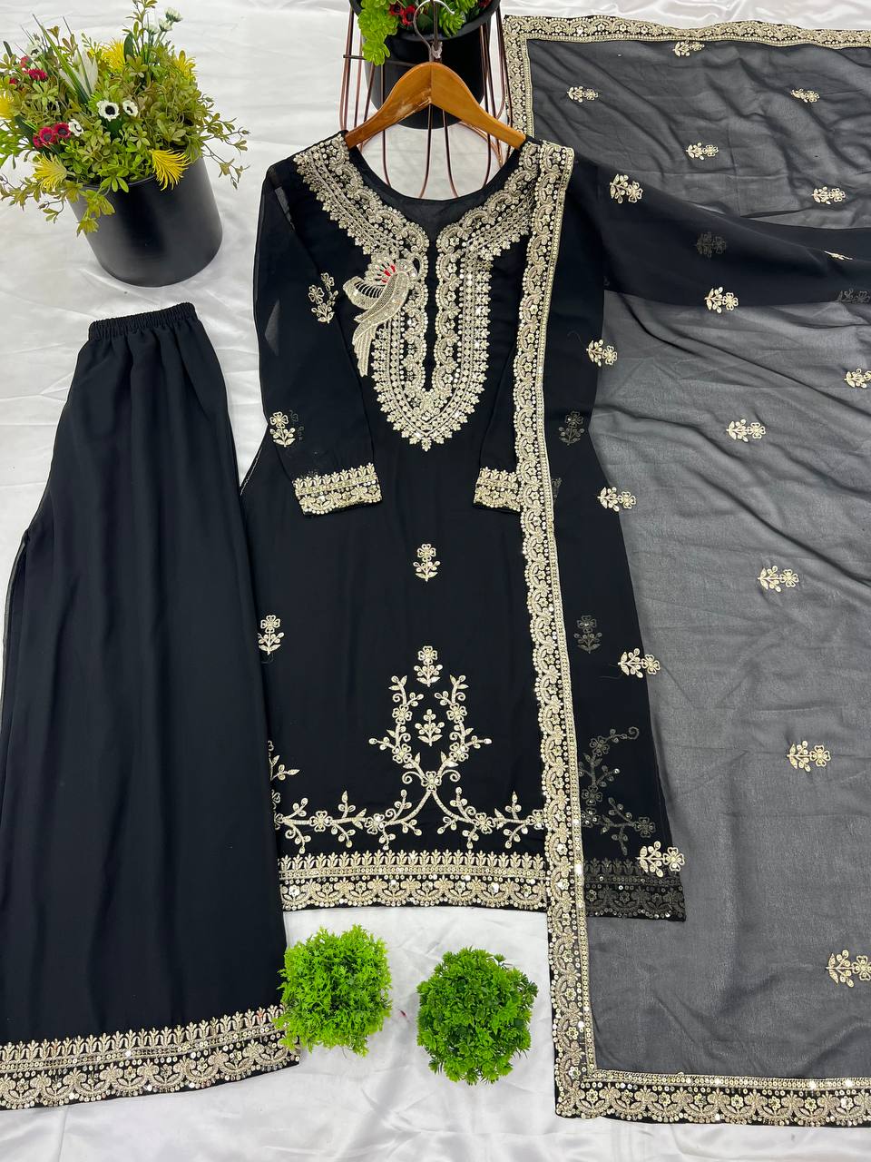 Function Wear Black Color Heavy Faux Georgette With Heavy Embroidery Sequence Work Palazzo Suit
