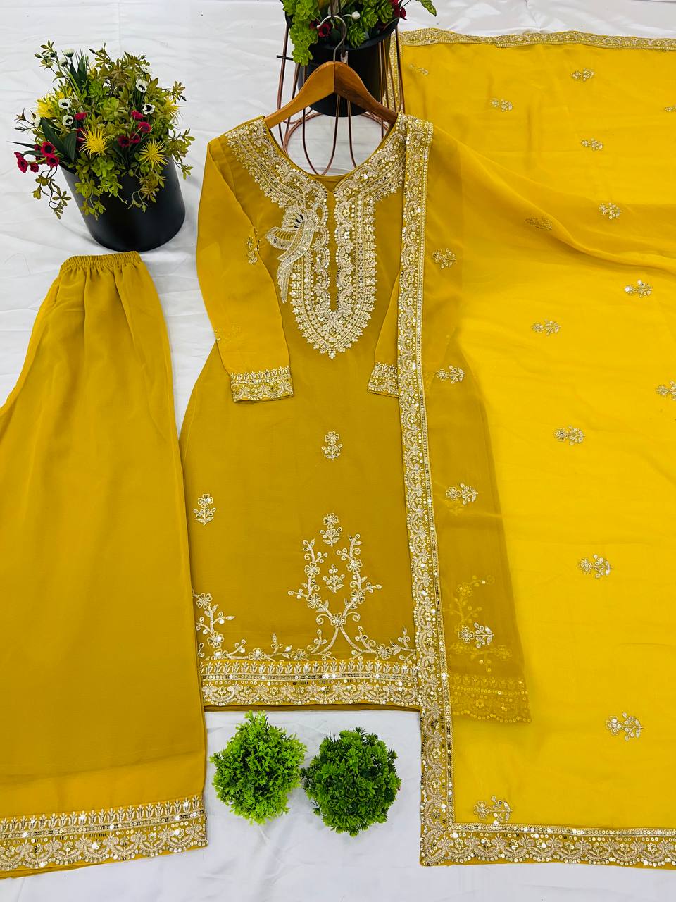 Haldi Wear Yellow Color Heavy Faux Georgette With Heavy Embroidery Sequence Work Palazzo Suit