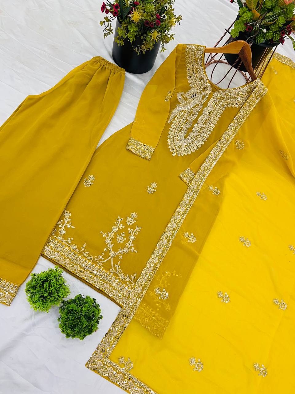 Haldi Wear Yellow Color Heavy Faux Georgette With Heavy Embroidery Sequence Work Palazzo Suit