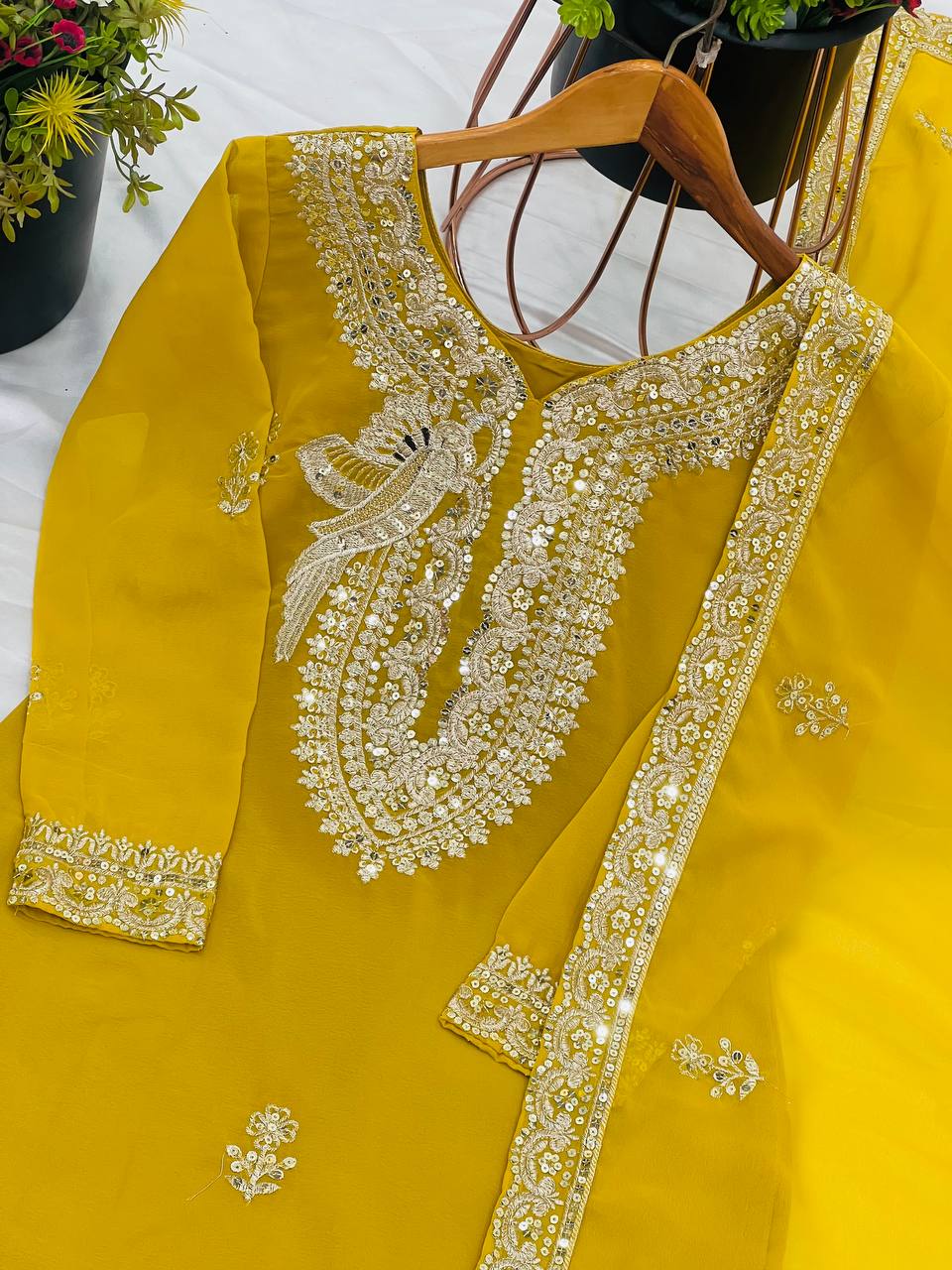 Haldi Wear Yellow Color Heavy Faux Georgette With Heavy Embroidery Sequence Work Palazzo Suit