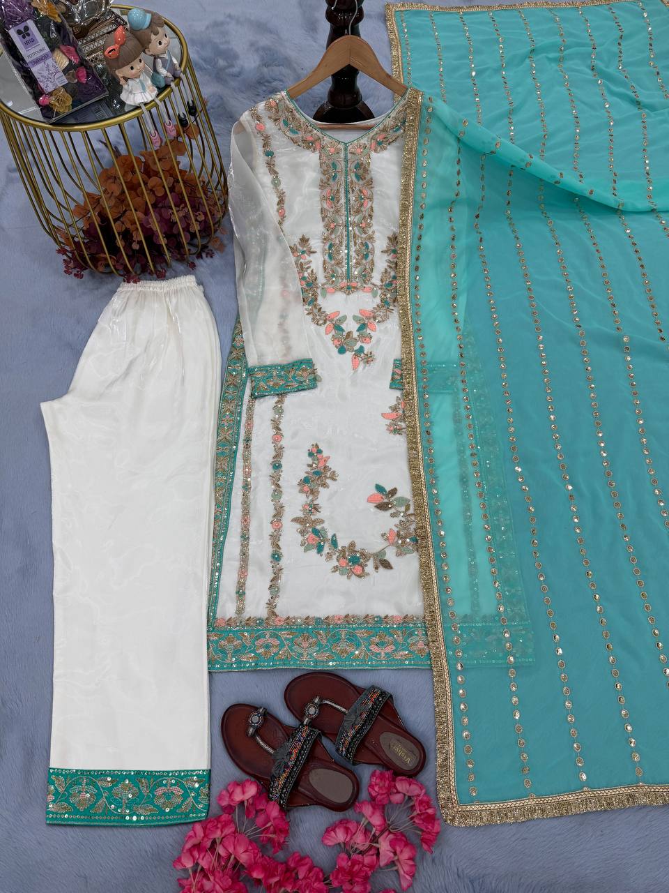 White Color Silk Embroidered Fully Stitched Designer Plazzo Suit Set