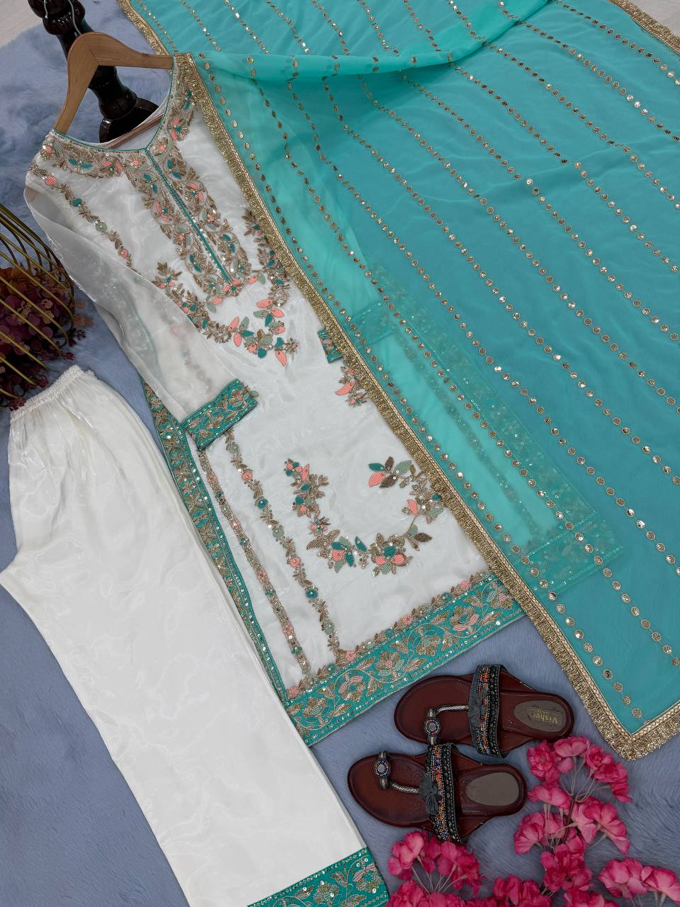 White Color Silk Embroidered Fully Stitched Designer Plazzo Suit Set