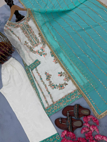 White Color Silk Embroidered Fully Stitched Designer Plazzo Suit Set