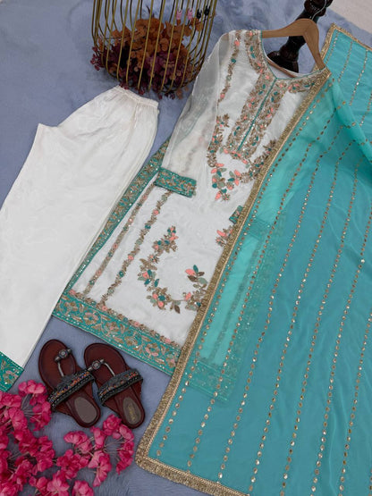 White Color Silk Embroidered Fully Stitched Designer Plazzo Suit Set