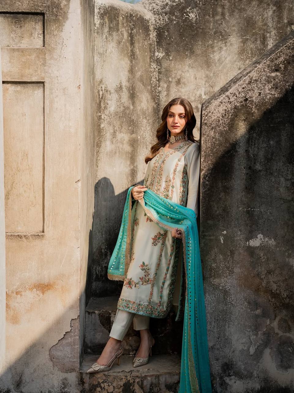 White Color Silk Embroidered Fully Stitched Designer Plazzo Suit Set