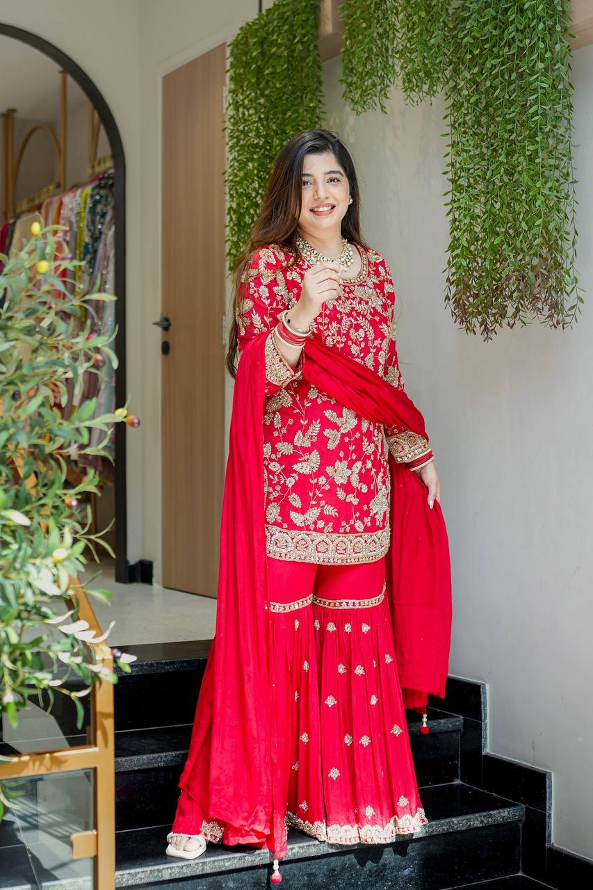 Wedding Wear Red Color Embroidered Designer Sharara Suit