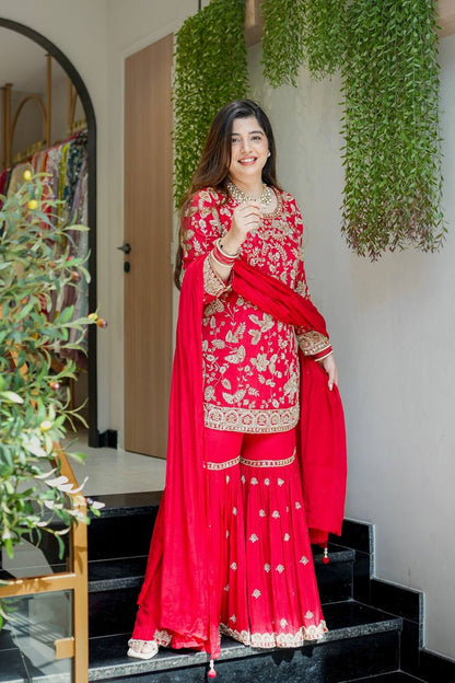 Wedding Wear Red Color Embroidered Designer Sharara Suit