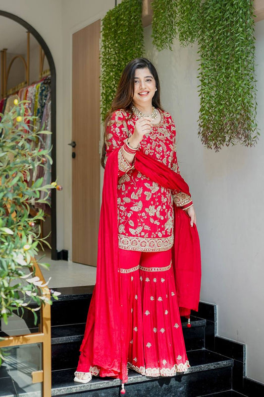 Wedding Wear Red Color Embroidered Designer Sharara Suit