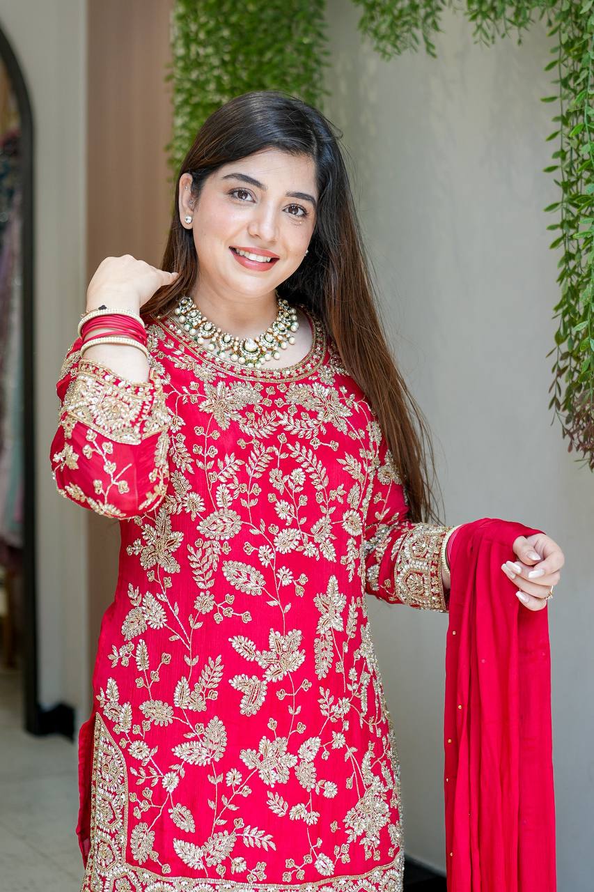 Wedding Wear Red Color Embroidered Designer Sharara Suit