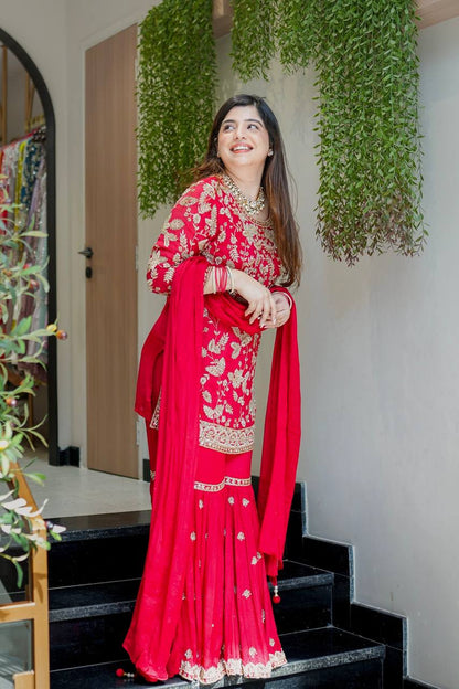 Wedding Wear Red Color Embroidered Designer Sharara Suit