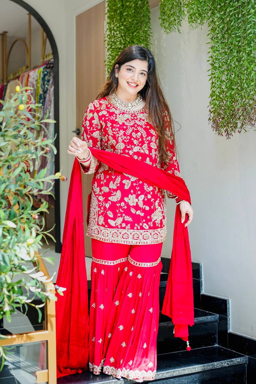 Wedding Wear Red Color Embroidered Designer Sharara Suit