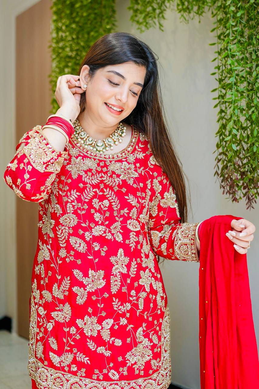 Wedding Wear Red Color Embroidered Designer Sharara Suit