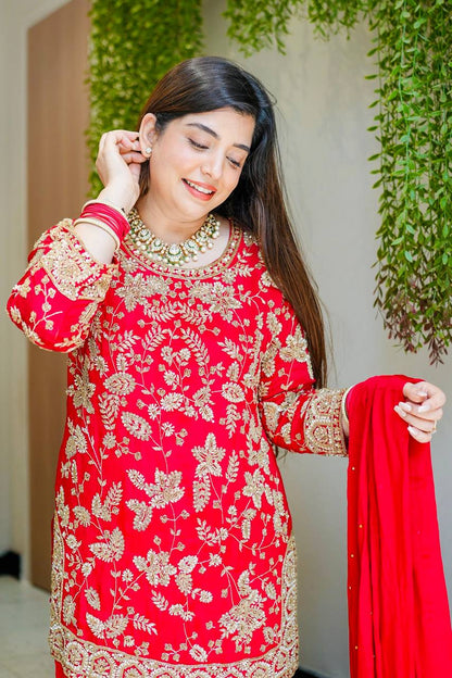 Wedding Wear Red Color Embroidered Designer Sharara Suit