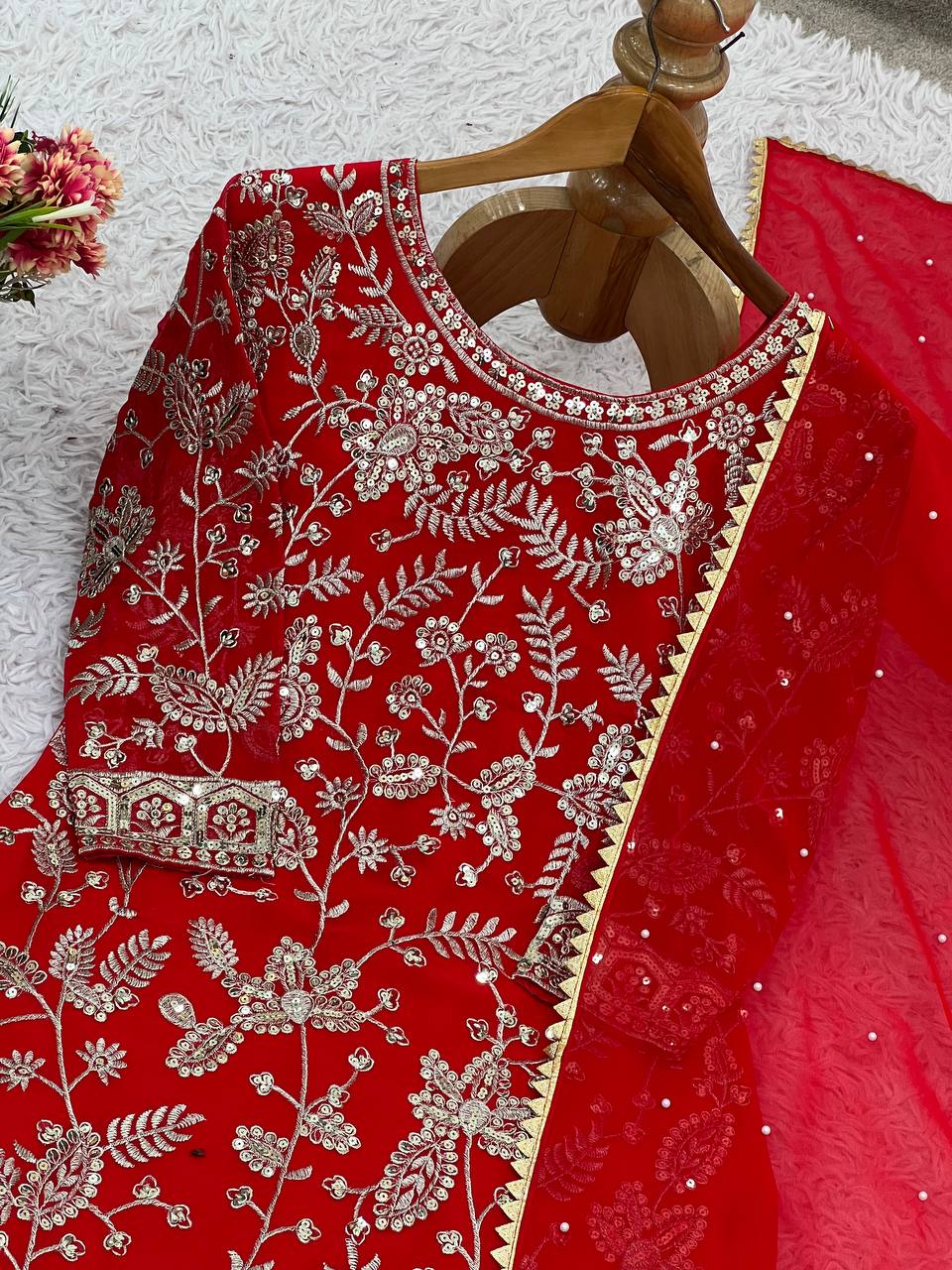 Wedding Wear Red Color Embroidered Designer Sharara Suit