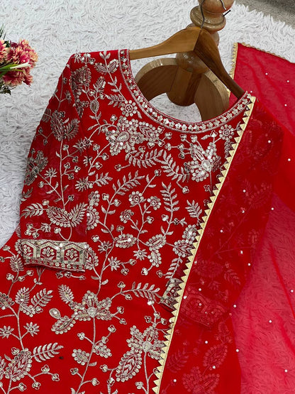 Wedding Wear Red Color Embroidered Designer Sharara Suit