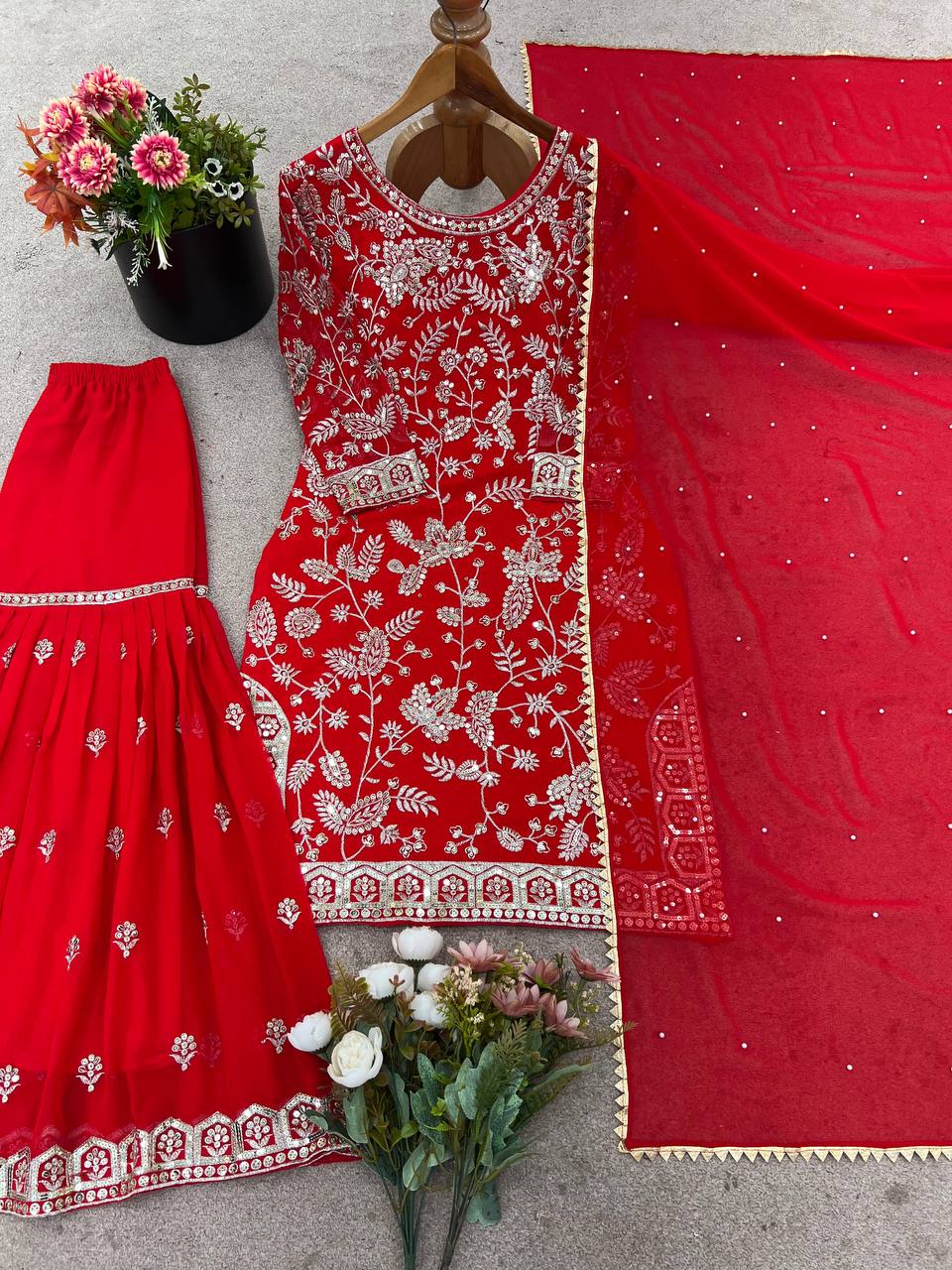 Wedding Wear Red Color Embroidered Designer Sharara Suit