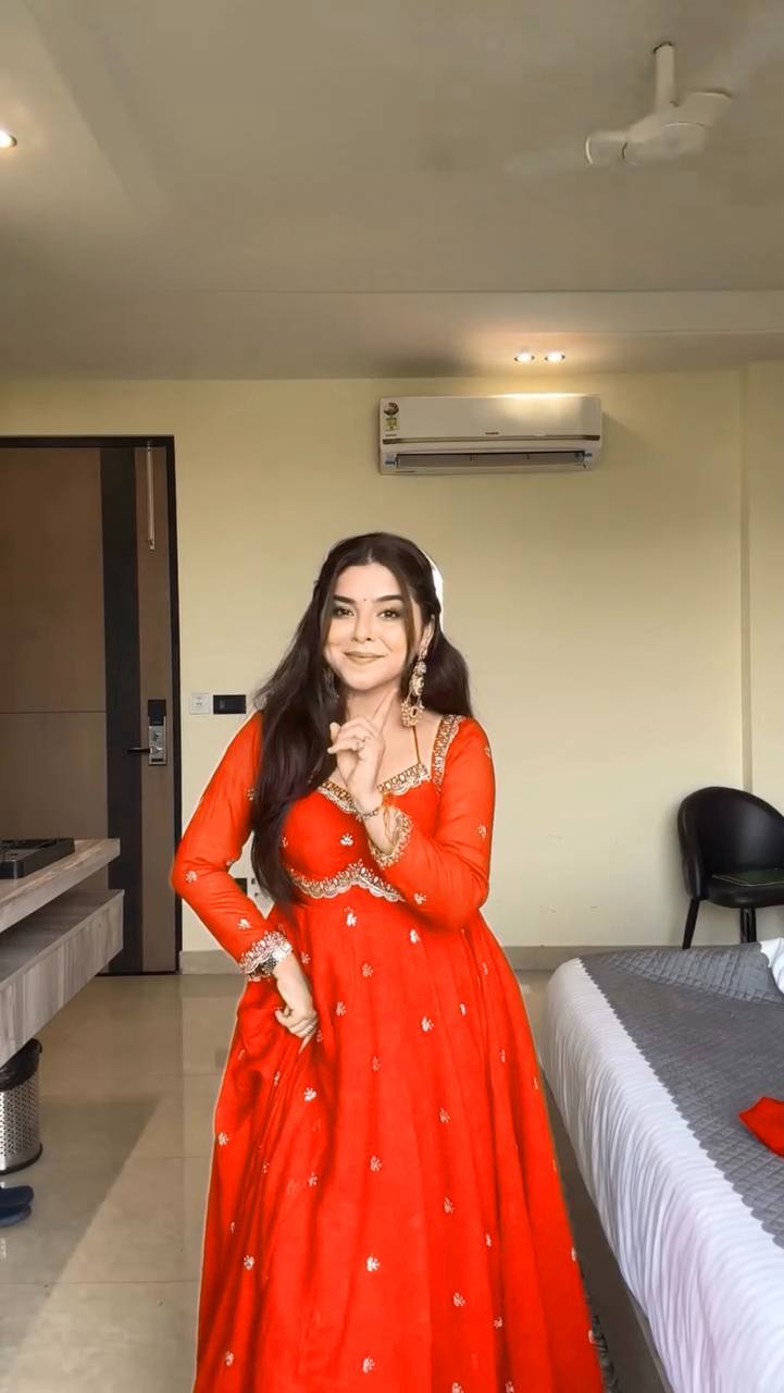 Neha's Orange Color Faux Georgette Anarkali Gown Set
