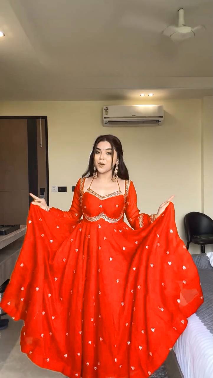 Neha's Orange Color Faux Georgette Anarkali Gown Set