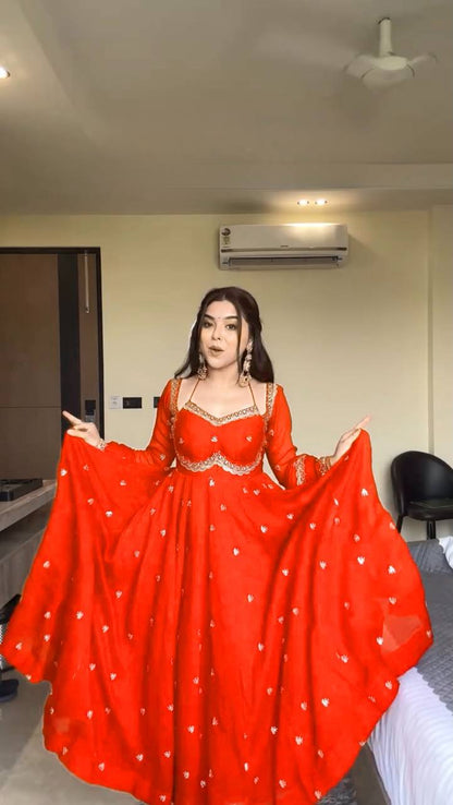 Neha's Orange Color Faux Georgette Anarkali Gown Set