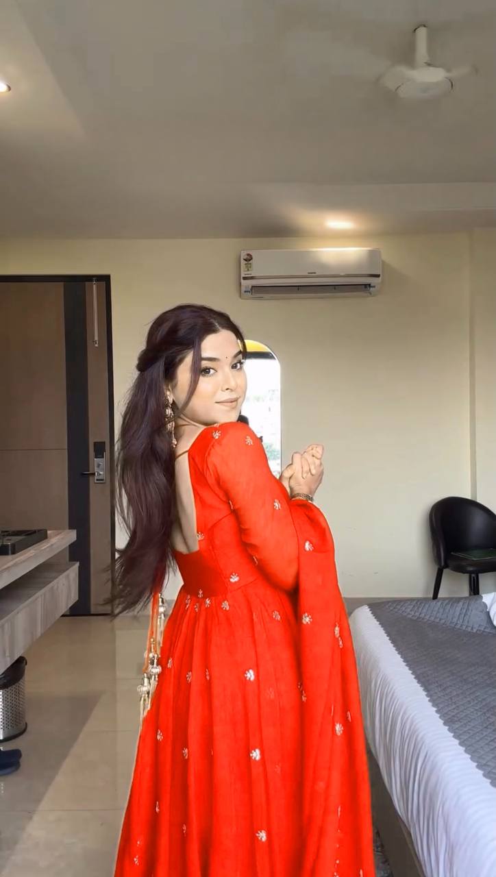 Neha's Orange Color Faux Georgette Anarkali Gown Set