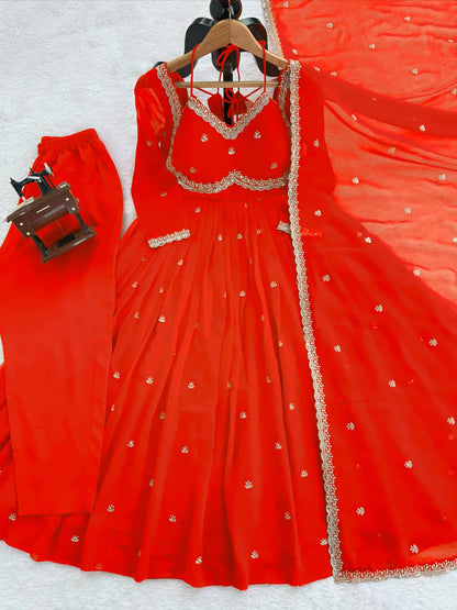 Neha's Orange Color Faux Georgette Anarkali Gown Set