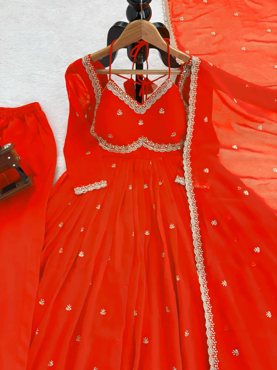 Neha's Orange Color Faux Georgette Anarkali Gown Set