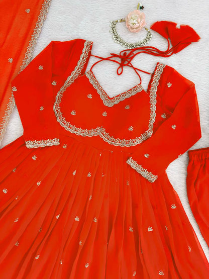 Neha's Orange Color Faux Georgette Anarkali Gown Set