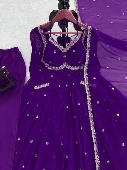 Neha's Purple Color Faux Georgette Anarkali Gown Set