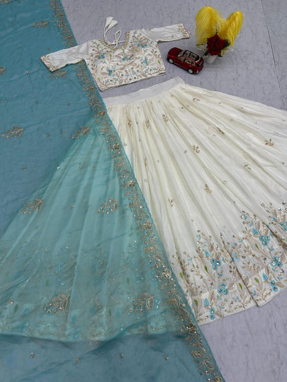 Marriage Special Sky Blue Color Embroidered With Sequence Work Lehenga Choli