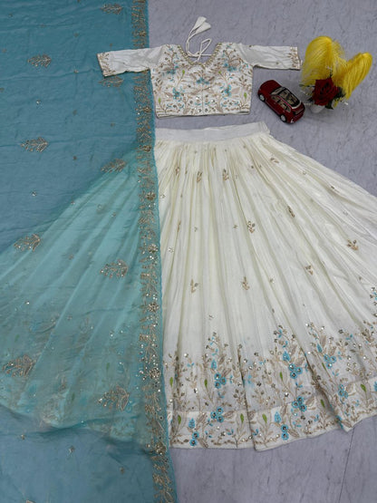 Marriage Special Sky Blue Color Embroidered With Sequence Work Lehenga Choli