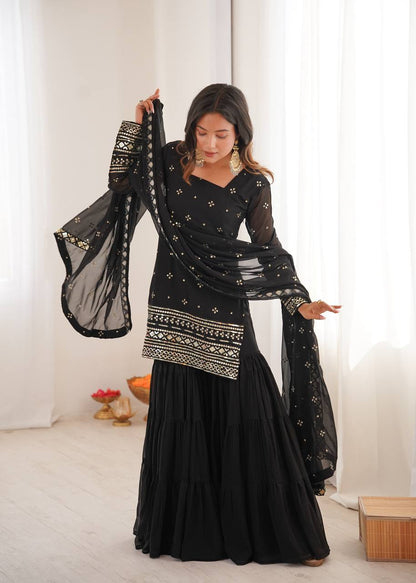 Arti Chauhan Black Color Georgette Top With Ruffle Sharara And Dupatta Set
