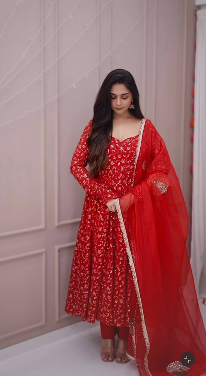 Ceremony Wear Red Color Embroidered Designer Anarkali Gown
