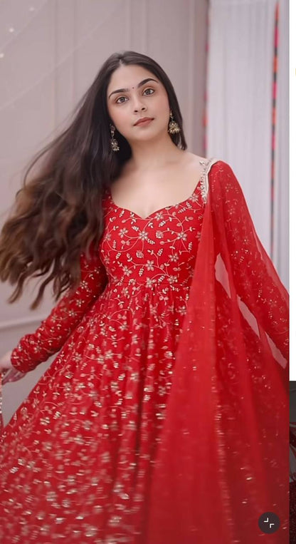 Ceremony Wear Red Color Embroidered Designer Anarkali Gown