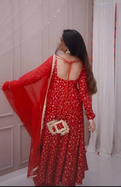 Ceremony Wear Red Color Embroidered Designer Anarkali Gown