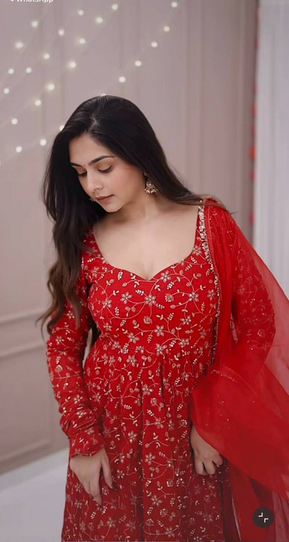 Ceremony Wear Red Color Embroidered Designer Anarkali Gown