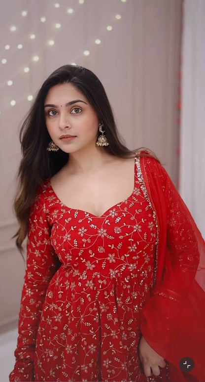 Ceremony Wear Red Color Embroidered Designer Anarkali Gown