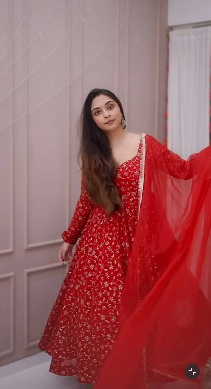 Ceremony Wear Red Color Embroidered Designer Anarkali Gown
