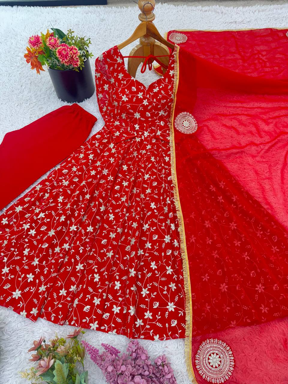 Ceremony Wear Red Color Embroidered Designer Anarkali Gown