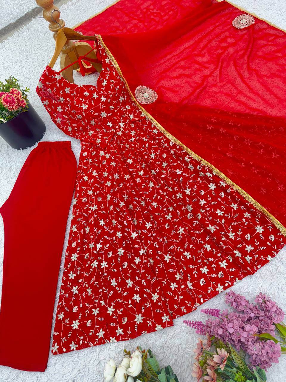 Ceremony Wear Red Color Embroidered Designer Anarkali Gown