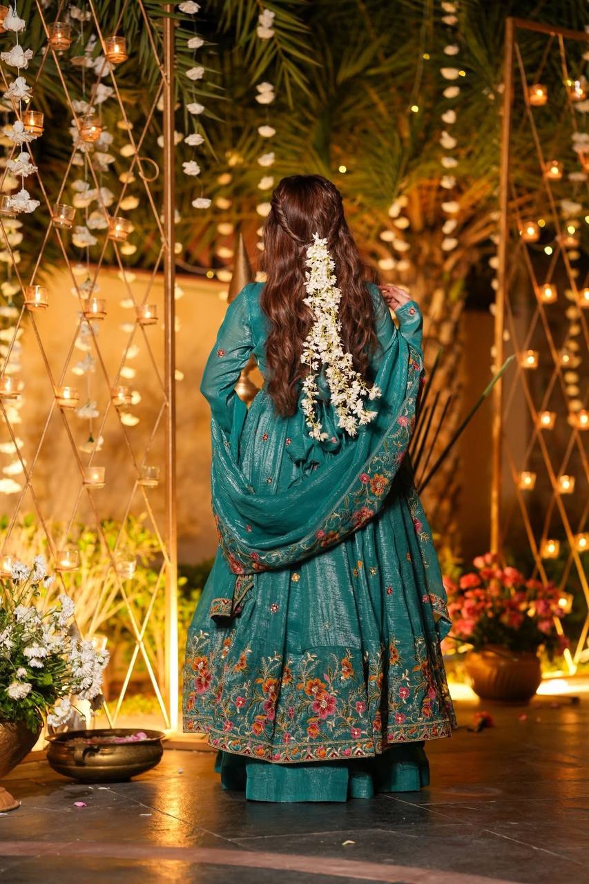Neha's Wear Rama Color Embroidered Gown With Sharara And Dupatta