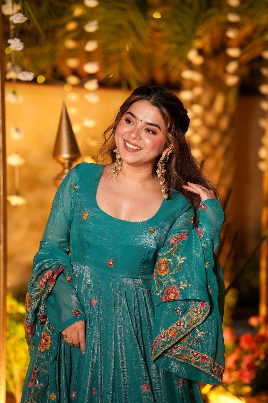 Neha's Wear Rama Color Embroidered Gown With Sharara And Dupatta