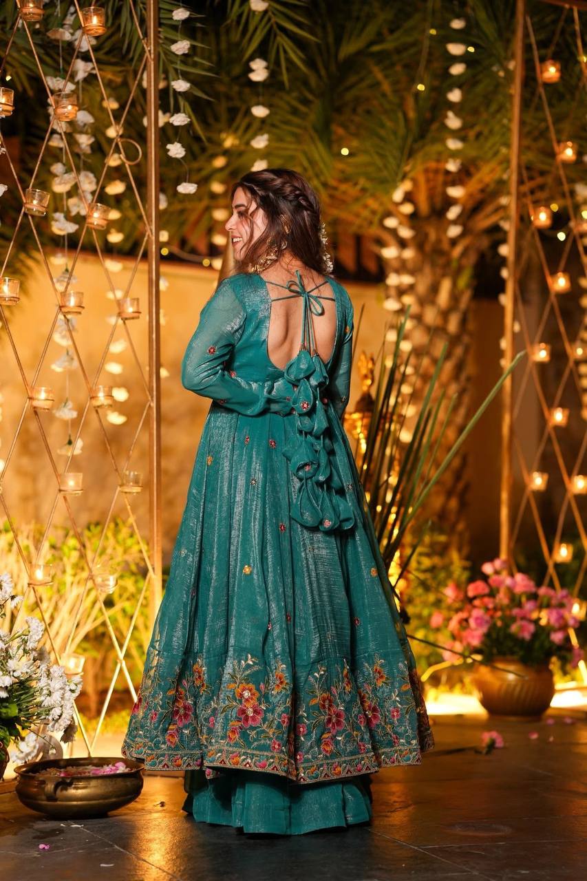 Neha's Wear Rama Color Embroidered Gown With Sharara And Dupatta